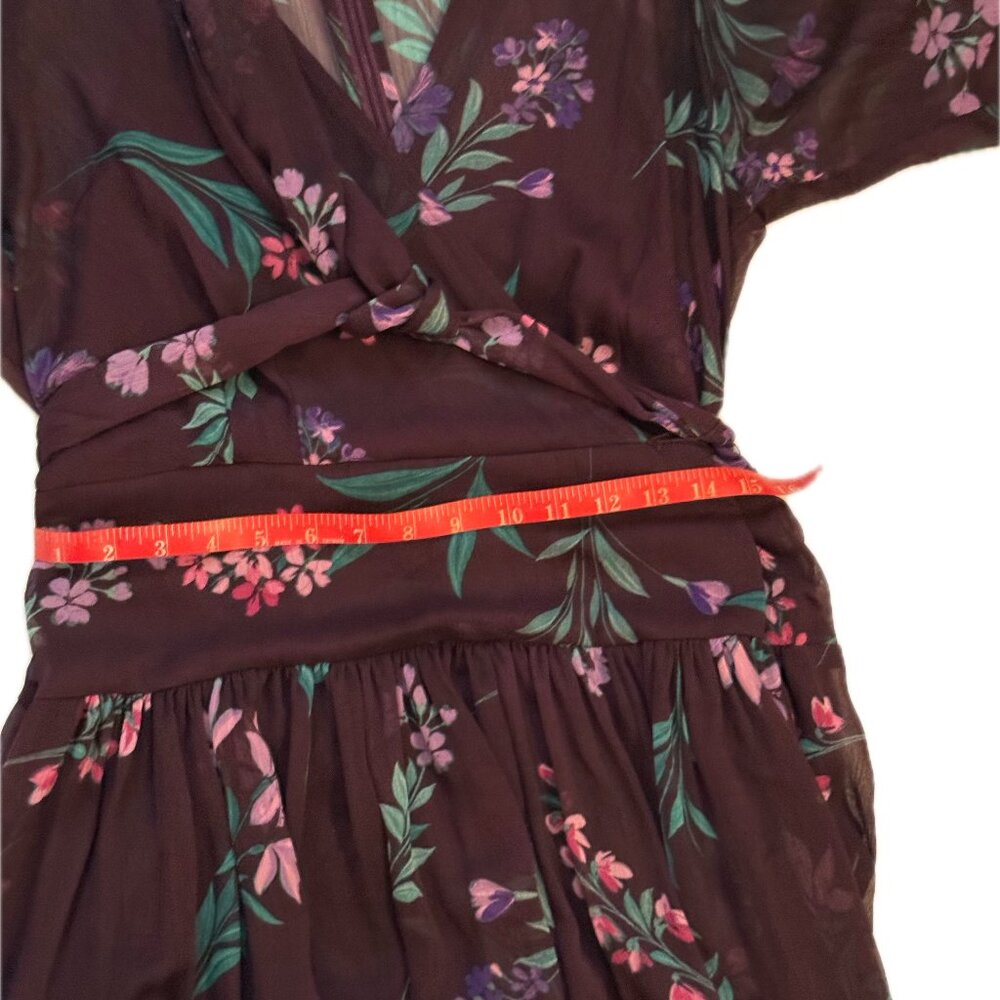 Calvin Klein Floral Plum Chiffon Wrap Dress | Size 12 | 3/4 Sleeve - Picture 6 of 7